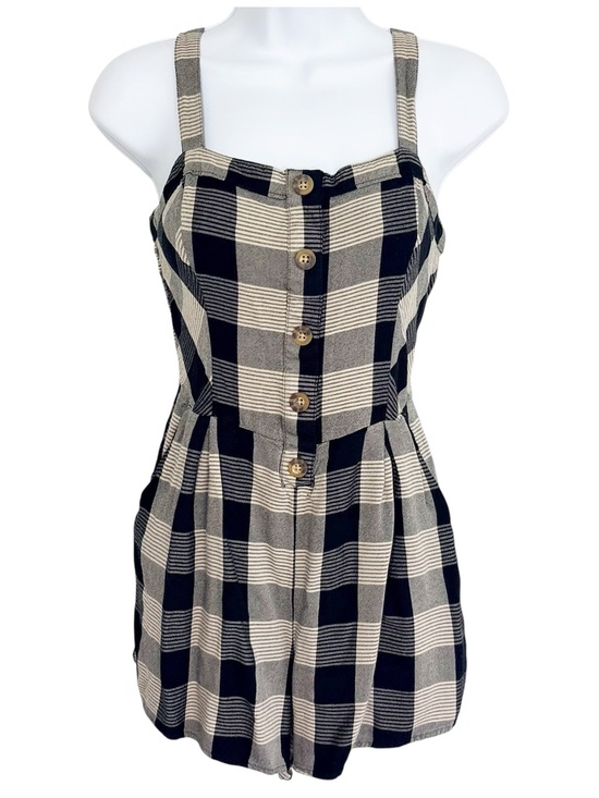 Hollister Pants - HOLLISTER Black White Plaid Romper Medium Smocked Button Front Sleeveless Y2K
